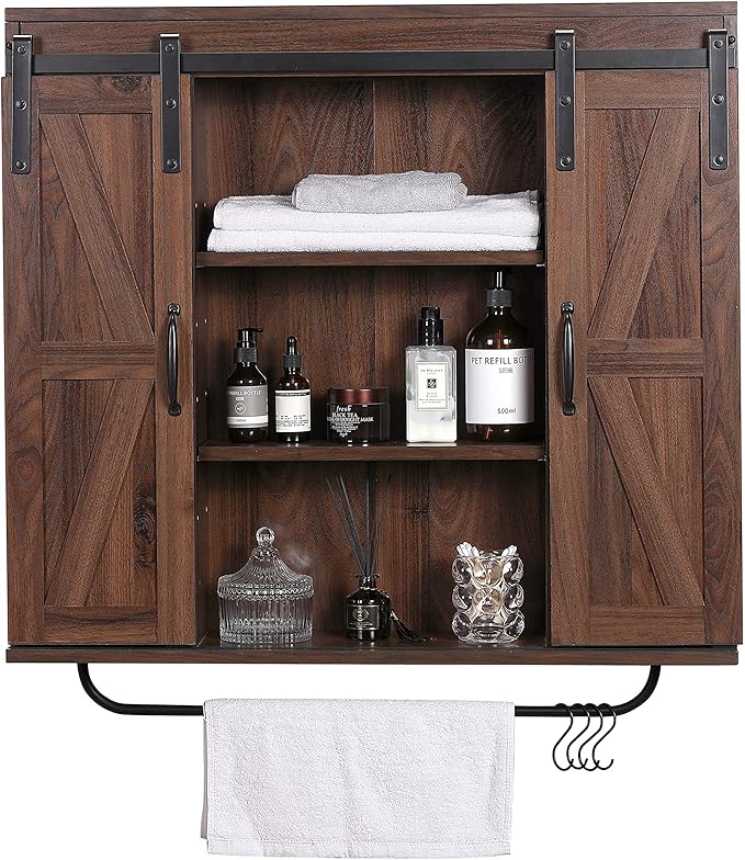 RUSTOWN Rustic Wood Wall Storage Cabinet with Two Sliding Barn Door, 3-Tier Decorative Farmhouse Vintage Cabinet for Kitchen Dining, Bathroom, Living Room, Dark Walnut