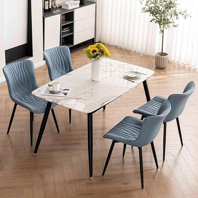Kidol & Shellder Dining Chairs Set of 2, Mid Century Modern Kitchen Chairs with Black Metel Legs, PU Leather Upholstered Side Chair for Dining Room, Living Room, Lounge, Restaurant, Blue