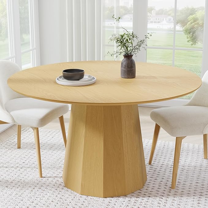 Casaphoria 52" Round Dining Table, Modern Wood Kitchen Table with Cone Shaped Strip Polygonal Base for Living Room & Dining Room, Easy Assembly Farmhouse Furniture for 4-6, Oak