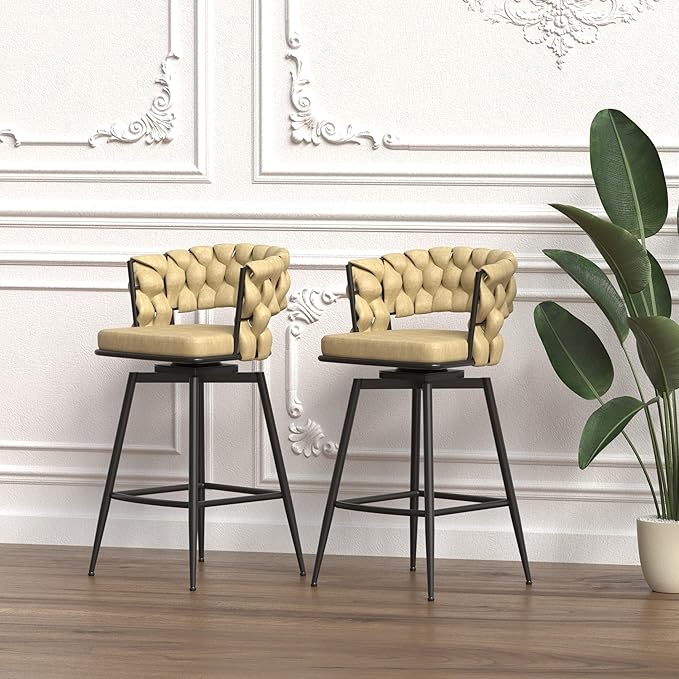 28" Technical Leather Woven Bar Stool Set of 2,Black Legs Bar stools No Adjustable Kitchen Island Chairs,360 Swivel Bar Stools Upholstered Counter Stool Arm Chairs with Back Footrest (Light Brown)