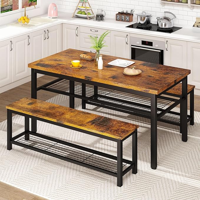 AWQM 43.3" Dining Table Set for 4, Kitchen Dining Table with 2 Benches, Dining Room Table Set with Metal Frame & Storage Rack for Kitchen, Restaurant, Rustic Brown