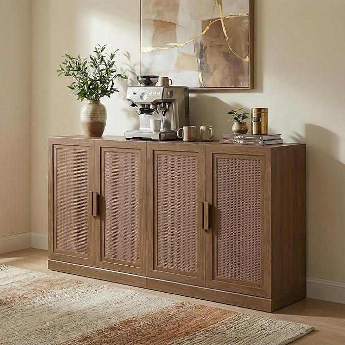 Casaphoria Adam Sideboard Buffet Cabinet with Storage, Sideboard Cabinet with Rattan Doors & Adjustable Shelves, 62" W x 31" H Coffee Bar for Entryway Kitchen Living Room, Walnut