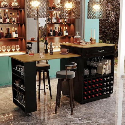 73” Kitchen Island with Extendable Dining Table, Multifunctional Wine Cabinet with 1 Door, 5 Drawers, Open Side Shelves, Wine Rack, Stemware Holder, Rolling Wheels, Chairs Not Include, Black+Natural