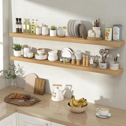 Acovy 55 Inch Floating Shelves for Wall 2 Pack, 55" Wall Shelves for Books, Storage, Decor, Wall Mounted Floating Shelf with Invisible Brackets for Kitchen, Living Room, Light Brown