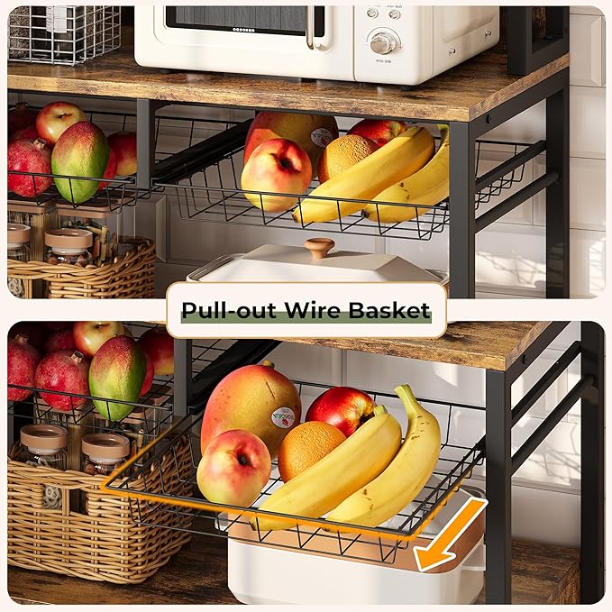 IRONCK Corner Bakers Rack with Power Outlet, Coffee Bar 6 Tier with Storage Cabinet, Vintage Industrial Microwave Stand with 6 Hooks, Kitchen Shelves with Wire Basket, Rustic Brown
