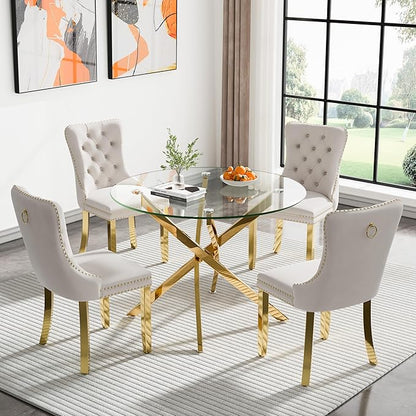 Glass Dining Table,36'' Round Dining Kitchen Table,Modern X-Design Dining Room Table with Gold Metal Base for Dining Room