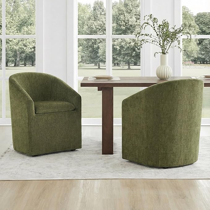 KISLOT Upholstered Dining Chairs Set of 2 with Casters, Modern Side Barrel Armchair with Washable Slipcover & Sturdy Metal Frame for Diningroom Bedroom Livingroom Reading Room, Green Fabric