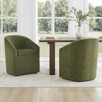 KISLOT Upholstered Dining Chairs Set of 4 with Casters, Modern Side Barrel Armchair with Washable Slipcover & Sturdy Metal Frame for Diningroom Bedroom Livingroom Reading Room, Green Fabric