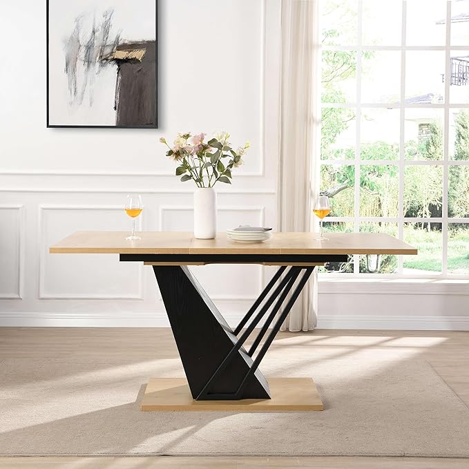 62" Extendable Island Table, Rustic Dining Table with Metal Frame, Mid Century Dining Table with MDF Top for Kitchen Dining Office, Black+Natural