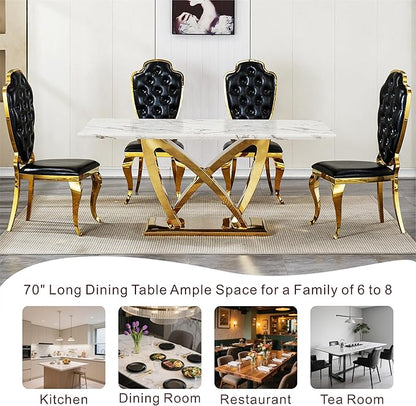 70" Faux Marble Dining Table for 6-8 People, Modern Rectangular Kitchen Table with Gold Mirror Finish Stainless Steel Base, Large Dining Room Table (Gold + Grey, Type2 + 70" Rectangle)