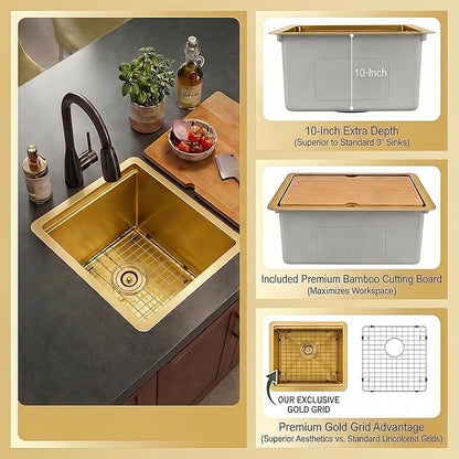 LQS Gold Undermount Bar Sink, Gold Wet Bar Sink and Deep Kitchen Sink 15" x 17" RV Sink, 16 Gauge Stainless Steel Kitchen Sink with Brushed Finish For RV, Laundry, Outdoor and Prep Use, 10" Depth
