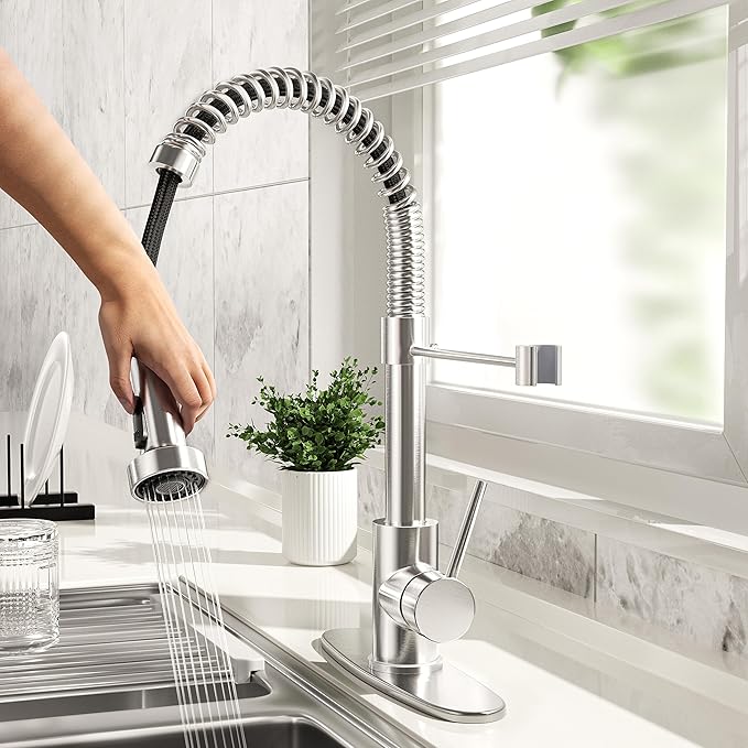 Brushed Nickel Kitchen Faucet with Pull Down Sprayer, Stainless Steel Spring Commercial Kitchen Sink Faucet with 10-Inch Deck,1 or 3 Hole Installation for Farmhouse, RV Camper, Laundry & Utility Sink