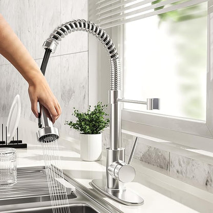 Brushed Nickel Kitchen Faucet with Pull Down Sprayer, Stainless Steel Spring Commercial Kitchen Sink Faucet with 10-Inch Deck,1 or 3 Hole Installation for Farmhouse, RV Camper, Laundry & Utility Sink