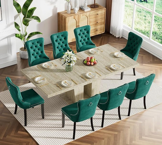 Goujxcy 9-Piece Extendable Dining Table Set for 8, 63-78 Inch Faux Travetine Kitchen Table Set with 8 Black Upholstered Chairs Modern Wood Expandable Dining Room Table Set for Kitchen Apartment