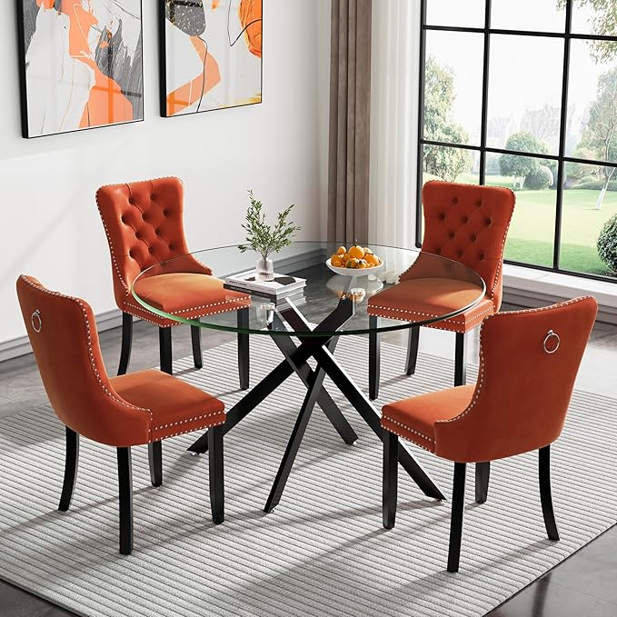 Black Glass Dining Table for 6 Modern 47.3" Round Kitchen Dining Room Table for 4-6 with X-Shape Metal Base Large Clear Glass Top Dining Tables for Home Kitchen