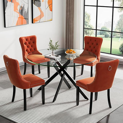 Black Glass Dining Table for 6 Modern 47.3" Round Kitchen Dining Room Table for 4-6 with X-Shape Metal Base Large Clear Glass Top Dining Tables for Home Kitchen