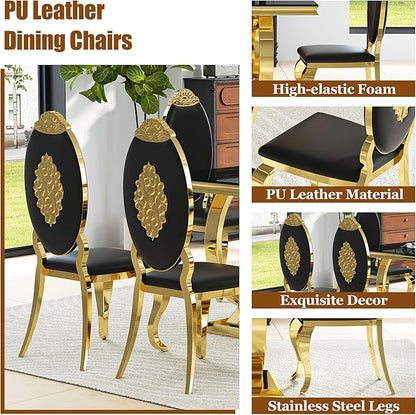 7-Piece Modern Dining Table Set, 70" Black Tempered Glass Kitchen Table with Gold Polished Stainless Steel U-Shaped Pedestal Base and 6 Black PU Leather Chairs with Mirrored Legs, for Dining Room