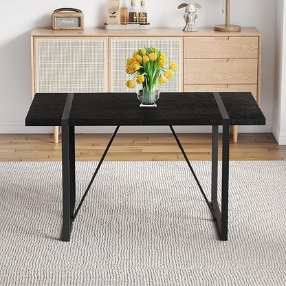 55" Extendable Island Table, Rustic Dining Table with Metal Frame, Mid Century Dining Table for Kitchen Dining Living Room, Black