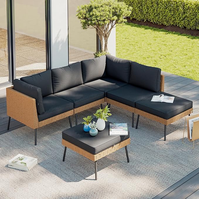 Aoxun 6 Piece Patio Furniture Set, 6 Seats Outdoor Sectional Sofas with Thick Cushion, Wicker Outdoor Patio Furniture Set with Ottomans for Party, Garden, Backyard, Black