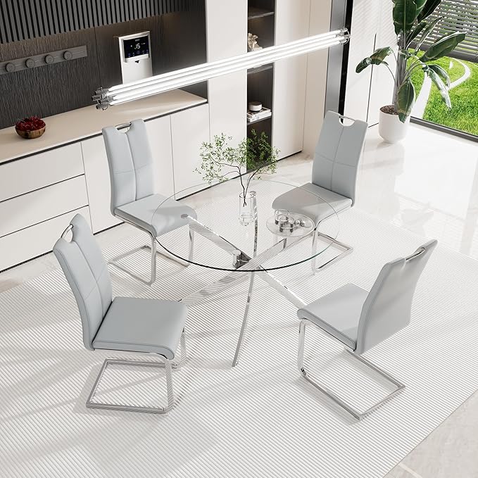 47-Inch Round Tempered Glass Dining Table for 4-6 Person Space-Saving Small Kitchen Table with Heavy-Duty Metal Legs Perfect for Dining Room, Apartment, Condo(Silver)