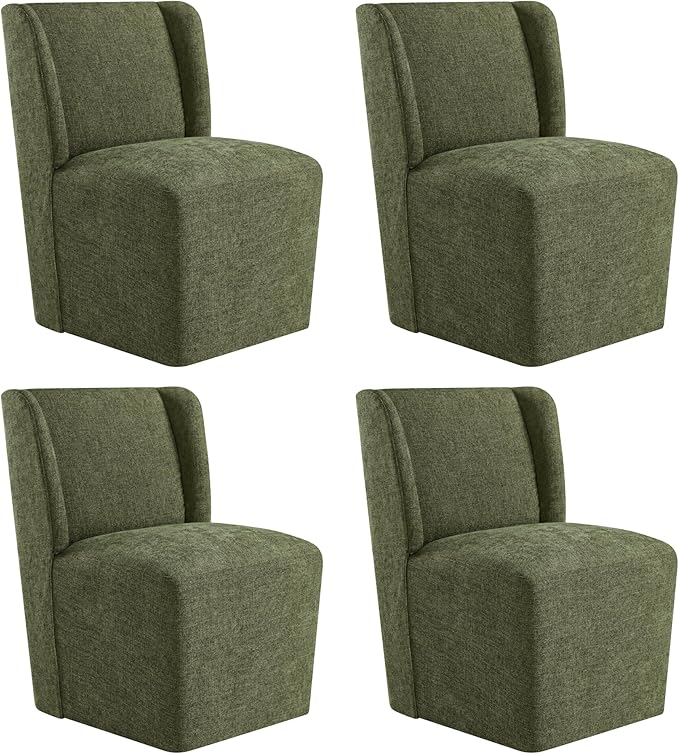 KISLOT Upholstered Dining Chairs Set of 4 with Casters, Wingback Modern Side Armless Deskchair with Rollers for Diningroom Bedroom Livingroom Reading Room, Green Fabric