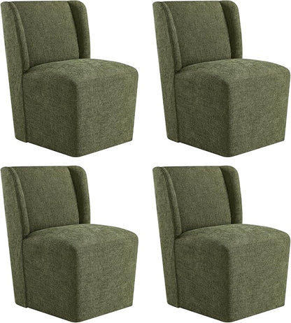 KISLOT Upholstered Dining Chairs Set of 4 with Casters, Wingback Modern Side Armless Deskchair with Rollers for Diningroom Bedroom Livingroom Reading Room, Green Fabric