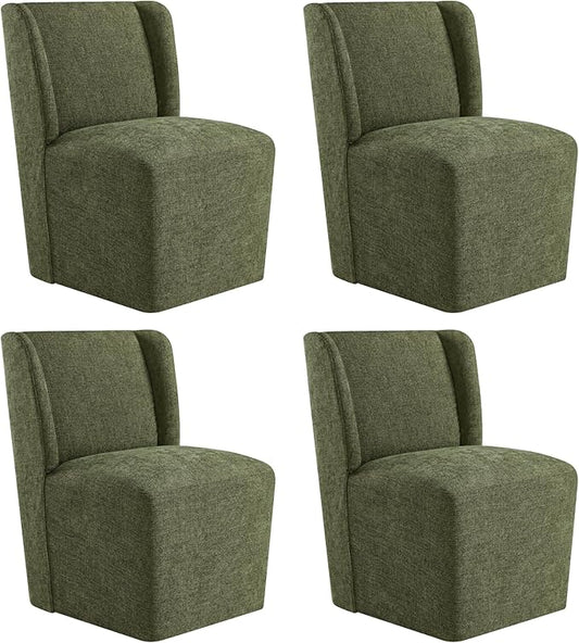KISLOT Upholstered Dining Chairs Set of 4 with Casters, Wingback Modern Side Armless Deskchair with Rollers for Diningroom Bedroom Livingroom Reading Room, Green Fabric