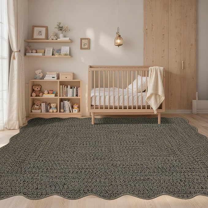 Imitation Braided Collection-Print Scalloped Area Rug 5x7 Washable Rug with Non Slip Rubber Backing Non Shedding Farmhouse Floor Cover, Ultra-Thin Foldable Carpet for Bedroom, Living Room