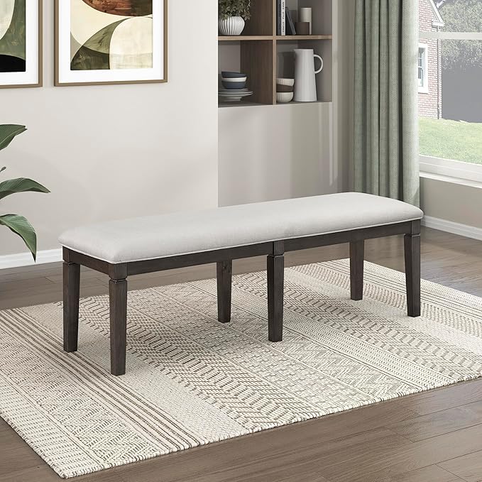 Lexicon Dining Bench with Padded Seat and Wooden Frame, 58" W Entryway Bench, Beige Textured Fabric Upholstered Dining Seat for Kitchen/Living Room, Easy Assembly, Dark Espresso