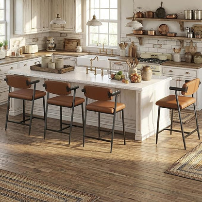GarveeHome Counter Height Bar Stools Set of 6 with Armrests, 26" Upholstered 6pcs Tall Bar Stools Set, Long Backrest & Extra Thick Cushion, Modern High Barstools for Kitchen Island, Pub, Coffee Brown