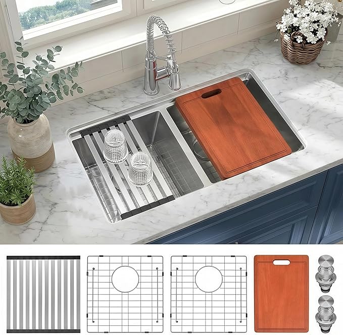 LQS Stainless Steel Sink Double Bowl, 31 Inch Kitchen Sink Undermount, Undermount/Drop In Installation Kitchen Sink 31x18, X-Shaped Drain Line for Quick & Fast Drainage