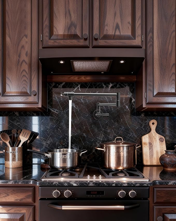 Fransiton Oil-Rubbed Bronze Pot Filler, Pot Filler Faucet Wall Mount, Brass Folding Stretchable with Double Joint Swing Arm Single Hole Two Handles Kitchen