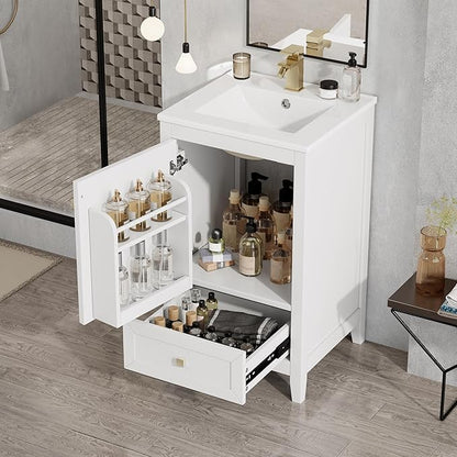 20" Bathroom Vanity with Ceramic Sink Top Set, Multi-Functional Storage Cabinet with Rack Organizer and Drawer, Soft-Closing Door, Solid Wood Frame, White