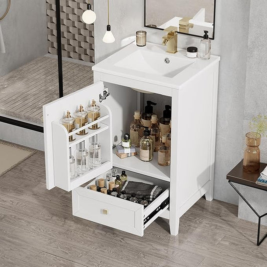20" Bathroom Vanity with Ceramic Sink Top Set, Multi-Functional Storage Cabinet with Rack Organizer and Drawer, Soft-Closing Door, Solid Wood Frame, White