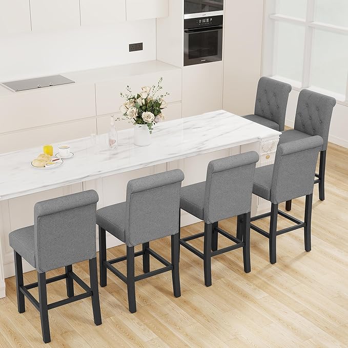 LSSBOUGHT 24 Inches Upholstered Counter Height Bar Stools Kitchen Island Chairs Padded Barstools with Button-Tufted Back and Solid Wood Legs Set of 2（Gray）