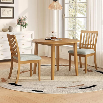 3-Piece Drop Leaf Round Dining Table Set for 2, Farmhouse Kitchen Table Set with Extendable Round Table and 2 Upholstered Chairs. Wood Table and Chairs Set for Dining Room, Living Room, Light Brown