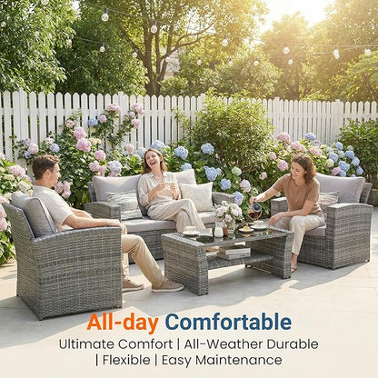 Wisteria Lane Patio Furniture Set, 5 Pieces Wicker Outdoor Furniture for All Weather, Patio Sofa with High Backrest Support and Wide Armrest for Backyard, Balcony, Deck, Porch, Light Gray