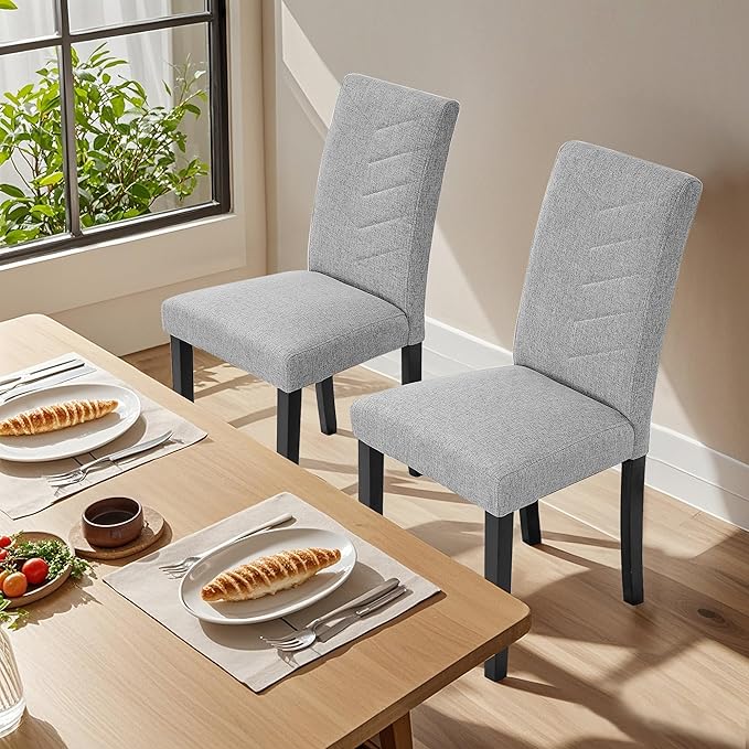 VECELO Upholstered Dining Chairs Set of 2, Fabric Wood Legs High Back for Kitchen Living Room, Light Gray