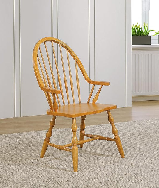 Sunset Trading Oak Selections Windsor Spindleback Dining Chair with Arms | Fully Assembled Kitchen Armchair| Modern Farmhouse Minimalist Country Cottage | Light Oak Solid Wood