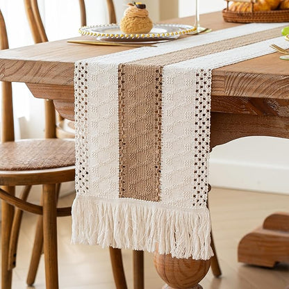 FEXIA Boho Table Runner for Spring Home Decor with Tassels 72 Inches Long Farmhouse Rustic Table Runner Macrame Burlap Table Decoration for Kitchen Living Room Bridal Shower(12x72 Inches)