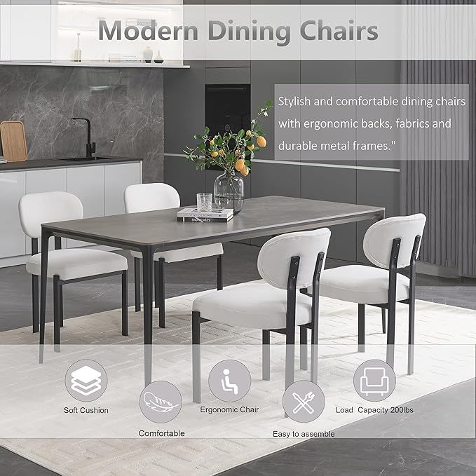 Set of 6 Modern Boucle Dining Chairs, Mid-Century Upholstered Chairs with Black Metal Legs, Ideal for Dining Room, Kitchen Island, Living Room, Bedroom, Home Office, Beige