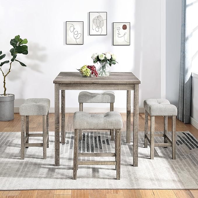 KEIKI 5 Piece Industrial Dining Table Set with 4 Upholstered Bar Stools, Counter Height Kitchen Table and Chairs Set, Space-Saving Breakfast Table Set for Dining Room, Living Room, Apartment, Brown