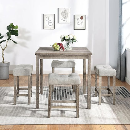 KEIKI 5 Piece Industrial Dining Table Set with 4 Upholstered Bar Stools, Counter Height Kitchen Table and Chairs Set, Space-Saving Breakfast Table Set for Dining Room, Living Room, Apartment, Brown