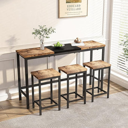 Merax 4 Piece Block-Color Pub Dining Table Set,Modern Bar Table Set with 60.24 Long Dining Table w/Hanging Stool Design and 3 Stools,for Breakfast Nook Living Room Small Space Restaurant,Natural+Black