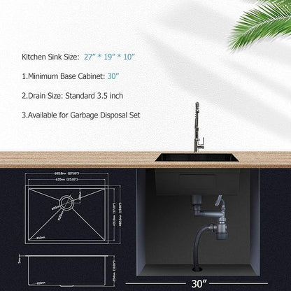 27 Black Kitchen Sink - Lordear 27 x 19 Inch Undermount Sink Gunmetal Black 16 Gauge Stainless Steel Deep Single Bowl Handmade Sinks Basin