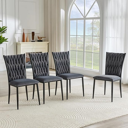 Upholstered Dining Chairs Set of 4, Hand-Woven Back Kitchen Chair, Luxury Gold Dining Chairs,Velvet Upholstery with Metal Legs, Modern Velvet Chair for Dining Room、Kitchen、Restaurant