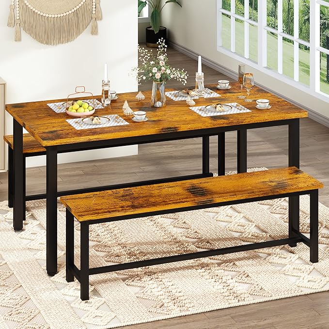 DKLGG Dining Table Set for 4, 47.2'' Kitchen Table with 2 Benches, 3 Piece Farmhouse Dining Room Table Set, Space-Saving Dinette for Kitchen, Dining Room, Apartment, Metal Frame & MDF Board
