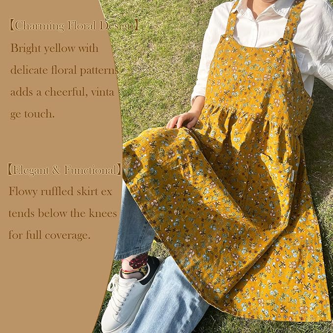 Cityelf Vintage Pinafore Apron Dress Snap Adjust Linen Cotton with Pockets Floral Aprons for Cooking Gardening