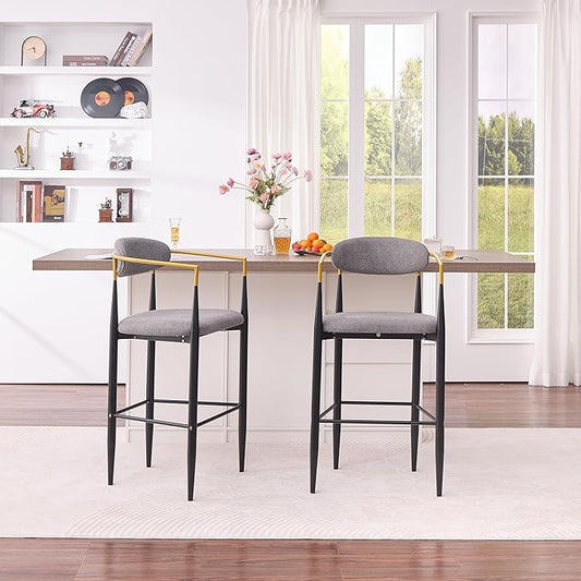 Modern Upholstered Accent Chair Set of 2 with Gold Accented Armrests, Ergonomic Barrel Back, Padded Fabric Seat, Metal Frame for Dining Room, Kitchen Island, Counter, Office (Grey,Bar Stool)