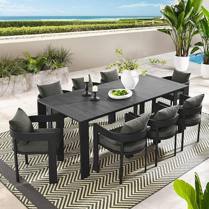 Modway Tahoe Outdoor Patio Powder-Coated Aluminum 9-Piece Dining Set in Gray Charcoal - Rectangular Patio Furniture Set for 8 - Outside Table with Umbrella Hole and Cushioned Chairs - Modern Patio Set